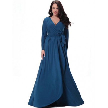 Women's Party/Cocktail Plus Size Plus Size Dress,Solid V Neck Midi Long Sleeve Blue Spandex Fall