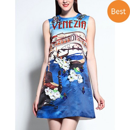 Women's Casual/Daily Street chic A Line Dress,Print Round Neck Above Knee Sleeveless Blue Cotton / Polyester Summer