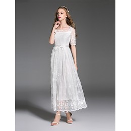 Women's Going out Simple A Line Dress,Solid / Geometric Boat Neck Midi Short Sleeve White Polyester Summer