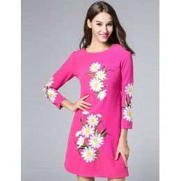 Boutique S Women's Casual/Daily Vintage Shift Dress,Embroidered Round Neck Above Knee Long Sleeve Polyester Fall