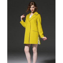  Women's Going out Simple Notch Lapel Long Sleeve Fall / Winter Yellow Wool / Polyester Medium