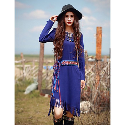 Our StoryGoing out Vintage Sheath DressPaisley Round Neck Midi Long Sleeve Blue Polyester / Spandex Spring