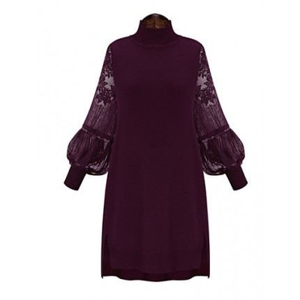 Spring Plus Sizes Women's Solid Color Lace Splice Stand Collar Lantern Sleeve Casual Party Dress