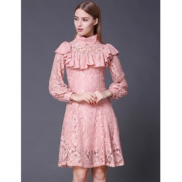  Women's Going out Vintage DressSolid Turtleneck Above Knee Long Sleeve Pink Cotton / Rayon