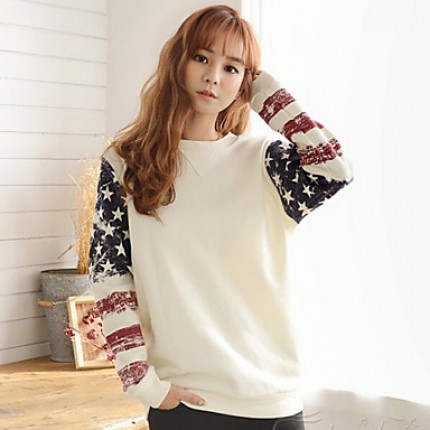 Women's Print White Hoodies , Casual Round Neck Long Sleeve