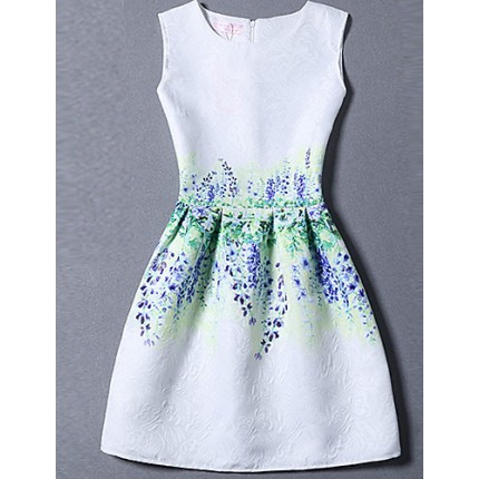 Women's Cute Floral A Line Dress,Round Neck Mini Polyester