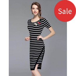 Boutique S Going out /Daily Cute Sheath DressStriped Round Neck Midi Short Sleeve White/Polyester Summer Mid Rise