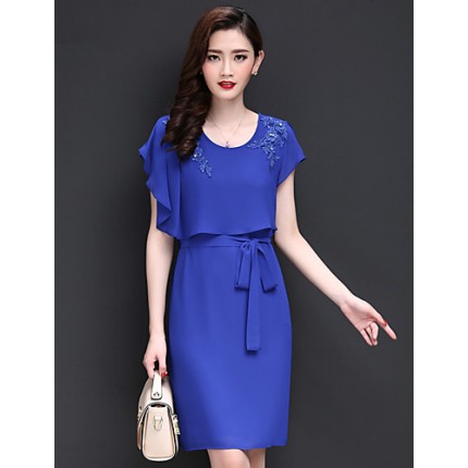 Women's Going out Vintage / Simple Sheath / Chiffon Dress,Embroidered Round Neck Above Knee Short Sleeve