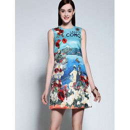 Boutique S Women's Casual/Daily Cute A Line Dress,Print Round Neck Above Knee Sleeveless Blue Cotton Summer